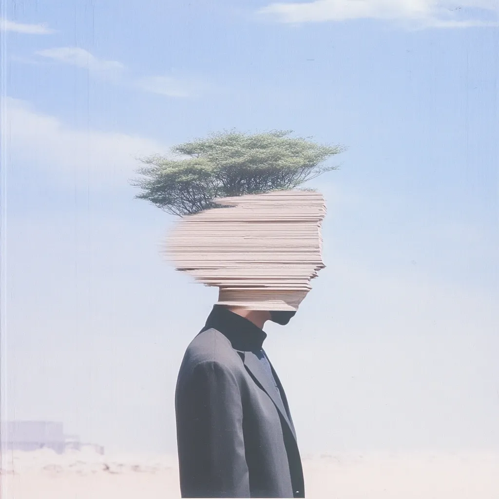 Here's a description of the image:

The surreal artwork depicts a person in profile, standing against a hazy, pale blue sky.  Their head is obscured by a layered, fragmented effect, resembling stacked papers or wood, with a small, lush green tree sprouting from the top. The person wears a dark suit, suggesting formality and restraint, contrasting with the untamed tree. The background is a muted desert landscape, adding to the contemplative and somewhat melancholic mood of the piece. The overall style is dreamlike and suggestive, prompting reflection on themes of nature, identity, and inner life.