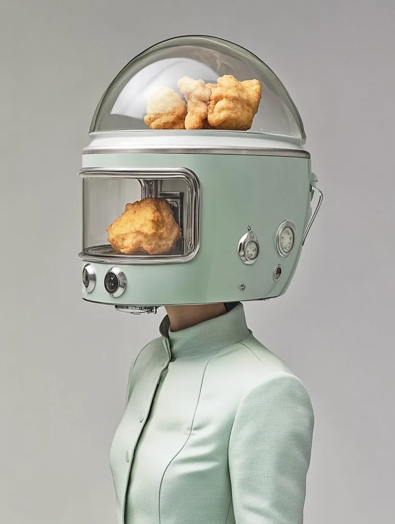 Here's a description of the image:

The photograph shows a person wearing a pastel green helmet-shaped appliance that resembles a vintage food warmer.  The helmet's clear dome reveals several pieces of golden-brown fried food.  Additional fried food is visible in a lower, glass-fronted compartment.  The appliance features small, circular dials and a metallic trim, adding to its retro aesthetic. The person is dressed in a matching pale green, simple collared jacket. The overall effect is surreal and humorous, juxtaposing futuristic design with everyday food.