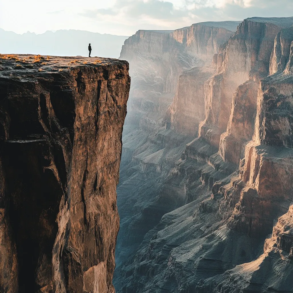 A lone figure stands at the edge of a towering cliff, gazing out over a vast, layered canyon. The canyon's immense scale is emphasized by the figure's small size.  Sunlight bathes the canyon walls in warm hues, creating a dramatic contrast with the darker shadows in the depths. The scene evokes a sense of awe, solitude, and the grandeur of nature.  The rock faces are rugged and textured, showcasing the power of erosion over time.