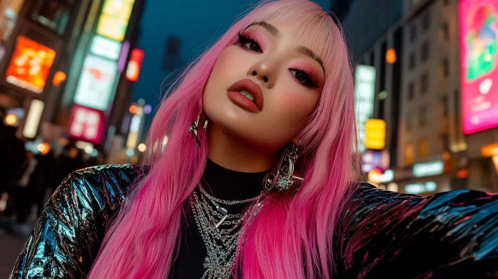 Close-up selfie of a young woman with vibrant pink hair styled with blunt bangs. She's wearing a dark, shiny jacket and several silver necklaces and earrings.  Her makeup is bold, featuring pink eyeshadow and lipstick. The background is a blurred cityscape at night, showcasing brightly lit signs and buildings, suggesting a bustling urban environment.  The overall aesthetic is edgy and fashionable.