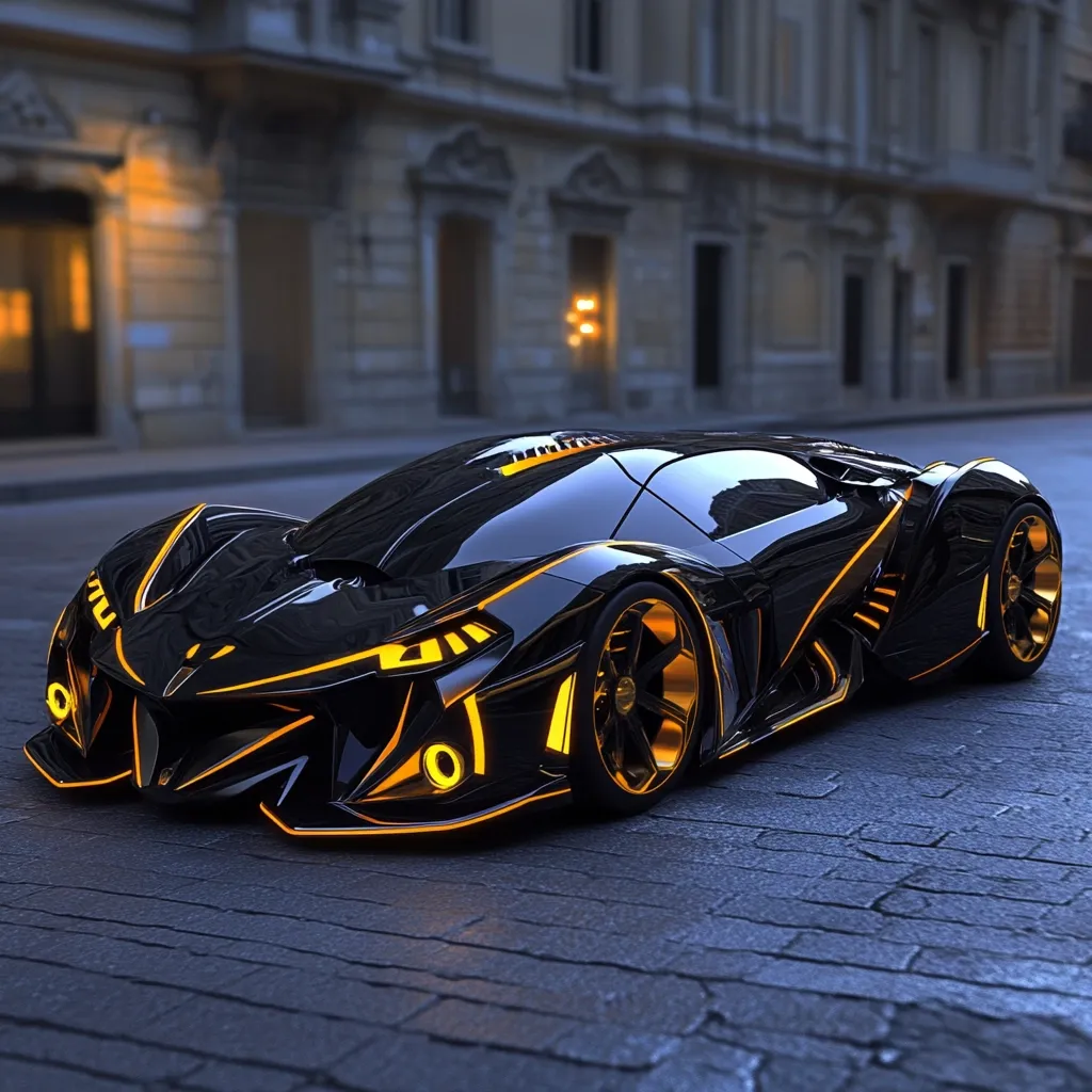 Here's a description of the image:

The image showcases a sleek, futuristic sports car, predominantly black with vibrant orange accents outlining its aerodynamic body. The car is parked on a dark cobblestone street in front of a grand, classical-style building, suggesting an urban setting. The lighting is subdued, emphasizing the car's glossy finish and the glowing orange details. The overall aesthetic blends futuristic design with a sense of luxury and power. The car appears to be a digital rendering or concept design.