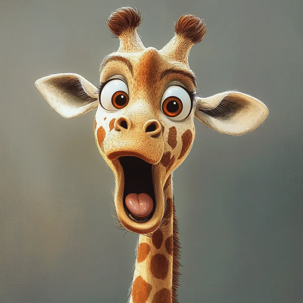 Close-up of a cartoon giraffe's head, rendered with a realistic style. The giraffe has large, expressive eyes, and its mouth is wide open in a surprised or shocked expression. Its fur is detailed, showing individual hairs, and its spots are clearly defined. The background is a muted grayish-green, drawing attention to the giraffe's vibrant features. The overall impression is one of playful astonishment.