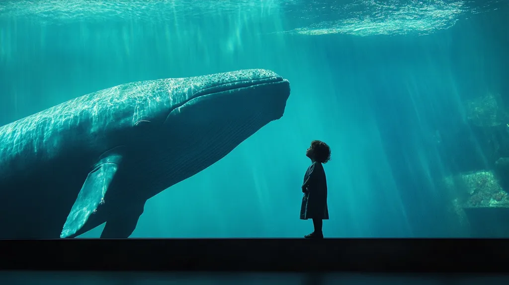 The image shows a young child, silhouetted against a large aquarium tank, gazing up at a massive whale swimming beneath the surface.  The water is a vibrant teal, sunbeams illuminating the scene. The whale is immense, filling much of the frame, creating a powerful contrast between the small human and the majestic creature. The overall mood is one of awe and wonder, highlighting the scale and beauty of the ocean's inhabitants.