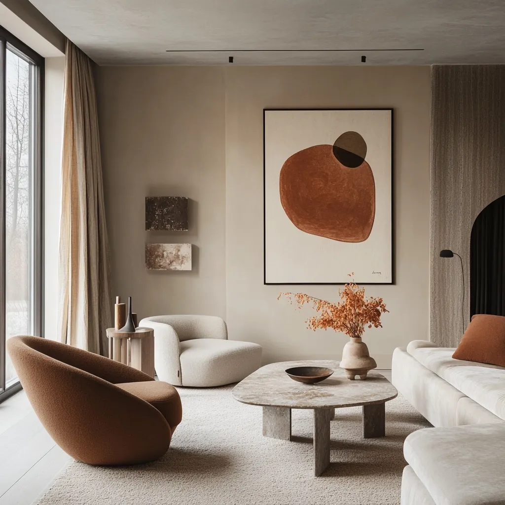 A minimalist living room is bathed in soft, natural light.  Neutral beige walls serve as a backdrop for an abstract terracotta and grey artwork, complemented by smaller, similarly toned pieces.  Two plush armchairs, one in warm brown and the other off-white, face a low, stone-topped coffee table.  A beige sofa extends from the right, adding to the calm and sophisticated atmosphere.  Dried flowers in a simple vase add a touch of organic texture. The overall design is serene and elegant, showcasing a muted earthy color palette.