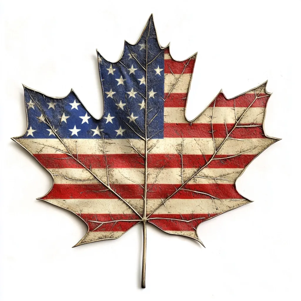 Here's a description of the image:

The image shows a stylized maple leaf with the American flag painted onto its surface.  The paint style is distressed, giving the appearance of age and wear, with a faded, vintage look. The leaf's veins are visible through the paint, adding to the rustic feel.  The overall effect is a patriotic image with a slightly melancholic or nostalgic tone.  The leaf is presented against a plain white background.