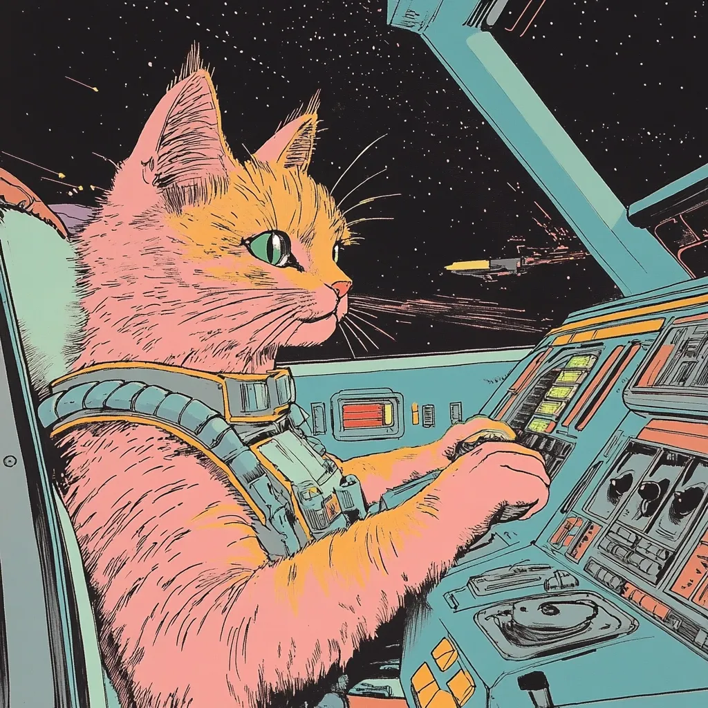 Here's a description of the image:

The illustration showcases a ginger cat, depicted in a retro-futuristic style, piloting a spaceship.  The cat is dressed in an astronaut suit, its paws gripping the controls of a complex, teal dashboard.  Outside the cockpit, a starry expanse of space is visible, with a rocket or missile launching in the distance, adding a sense of action and adventure to the scene. The color palette is vibrant, employing pastel shades of pink, orange, and teal against the dark backdrop of space. The overall style is reminiscent of psychedelic or retro-futuristic comic book art.