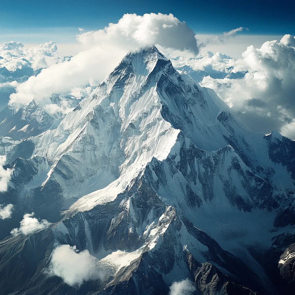 Here's a description of the image:

A majestic, snow-capped mountain peak dominates the center of the image, its sharp, jagged ridges and deep valleys sculpted by ice and time.  The mountain is partially shrouded in fluffy white clouds, creating a dramatic contrast against the clear blue sky.  The surrounding landscape is a vast expanse of snow-covered mountains, extending to the horizon, partially obscured by layers of clouds. The overall scene is one of breathtaking scale and pristine natural beauty, evoking a sense of awe and wonder.  The lighting suggests a daytime shot, with the sun illuminating the snow-covered slopes.