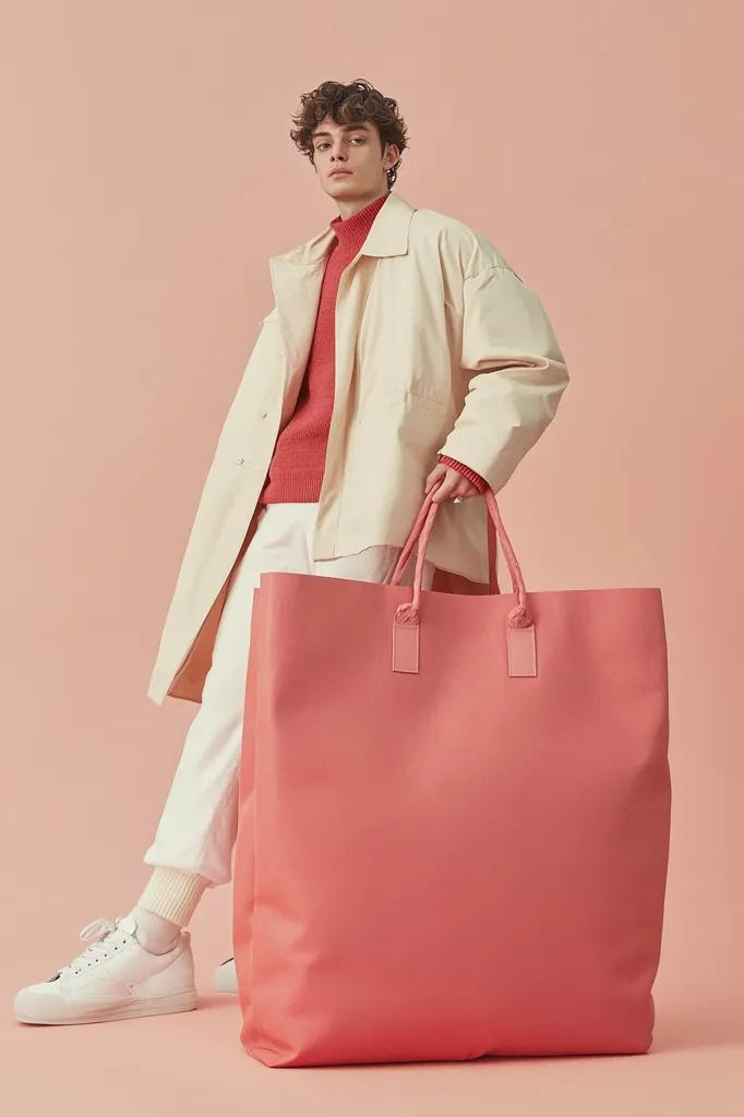 A young man with curly brown hair models a cream-colored overcoat, a coral-red sweater, and white pants. He stands against a pale pink backdrop, holding a large coral-toned tote bag. The bag is simple and rectangular, with short handles.  His pose is relaxed yet stylish, and his white sneakers complete the minimalist yet chic look. The overall image projects a calm and fashionable aesthetic.
