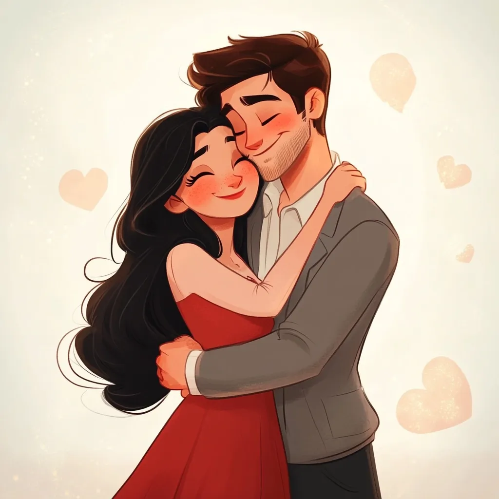 A stylized illustration depicts a lovingly embraced couple. The woman, with long black hair and a red dress, rests her head on the man's shoulder, her eyes closed in contentment. He, with dark hair and a gray suit, holds her close. Their embrace exudes warmth and affection, enhanced by soft, pastel hearts floating in the background. The art style is charmingly sweet and romantic, emphasizing the couple's tender connection.