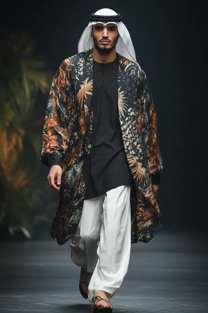 A male model walks a runway, showcasing a stylish ensemble. He wears a white keffiyeh, a black long-sleeved shirt, and loose white pants.  A long, open, patterned kimono-style coat in dark tones with orange and brown floral accents drapes over his outfit. The coat features a striking design.  His footwear appears to be dark-colored sandals.  The backdrop is dark and blurred, focusing attention on the model and his attire.