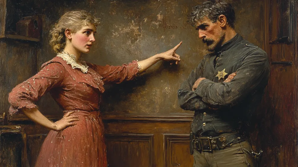 A painting depicting a dramatic scene. A woman in a reddish-brown dress confronts a stern-faced lawman, his arms crossed, a sheriff's star visible on his uniform.  Her arm is outstretched, accusingly pointing at something unseen on the wall behind him. The setting appears dimly lit, possibly a rustic interior, suggesting a tense moment of confrontation or accusation.  The artist's skill is evident in the rich texture and expressive portrayal of the characters’ emotions.