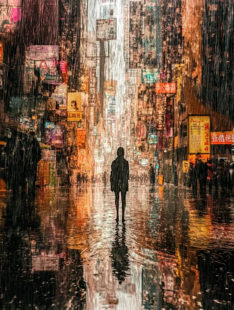 A lone figure, cloaked in darkness, stands in the center of a rain-soaked city street.  The urban landscape is a vibrant tapestry of neon signs and towering buildings, their reflections shimmering in the flooded road.  Heavy rain obscures the details, creating a mood of solitude and urban anonymity.  The overall effect is one of melancholic beauty, a blend of the bustling city and the individual's isolation within it. The image has a painterly quality, with rich colors and textures contributing to its atmospheric depth.