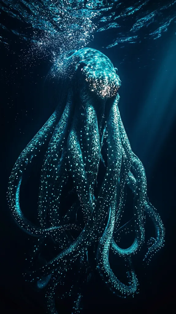 A bioluminescent octopus, seemingly colossal, dominates the deep ocean scene.  Its numerous arms, textured and speckled with luminous points, twist and intertwine in a mesmerizing dance.  The dark blue water is punctuated by rising bubbles and a shaft of light from above.  The creature's head is partially visible, illuminated, revealing a detailed, almost otherworldly texture. The overall effect is one of awe-inspiring mystery and deep-sea beauty.