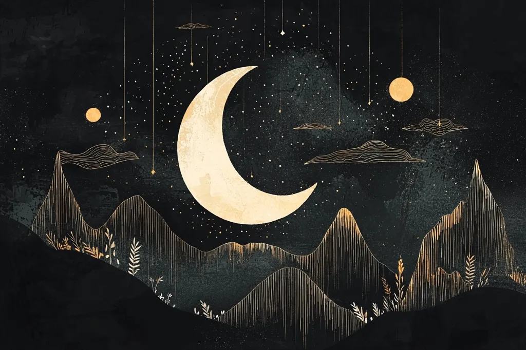 Here's a description of the image:

The artwork depicts a dark, moody nightscape dominated by a large, crescent moon rendered in pale gold against a black background speckled with tiny gold stars.  Smaller, similarly colored celestial bodies are visible.  Gold, linear outlines of stylized mountains and clouds add depth and texture, with delicate gold plant-like forms nestled at the base of the hills.  The overall style is minimalist and elegant, with a balance between dark and light, creating a serene and mystical atmosphere.  Thin gold lines, suggestive of falling stars or celestial threads, dangle from the top.