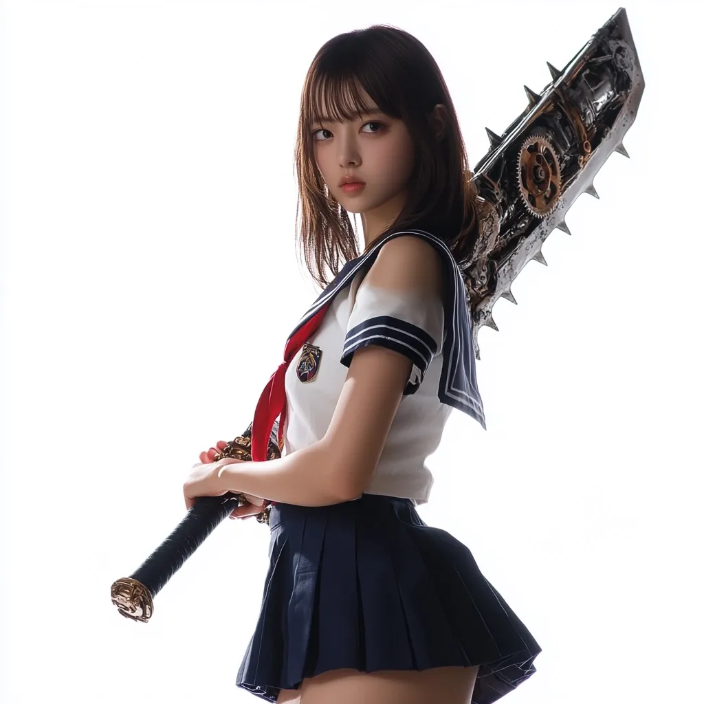 A young woman, dressed in a classic Japanese sailor school uniform, stands against a bright white background.  She holds a large, ornate, spiked sword, its intricate mechanical details visible.  Her dark hair frames her face, and she gazes directly at the camera with a serious yet somewhat alluring expression. The contrast between the innocent schoolgirl attire and the formidable weapon creates a striking visual effect.