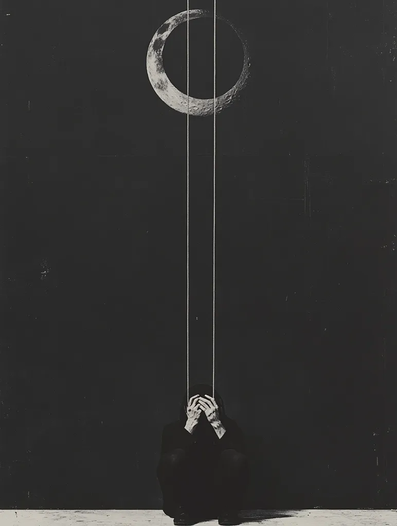 Here's a description of the image:

The monochromatic photograph depicts a person in dark clothing seated on the ground, their hands covering their face.  Above them, a crescent moon hangs seemingly suspended by thin, vertical lines, suggesting puppet strings. The background is a stark, dark gray, adding to the somber and somewhat surreal atmosphere.  The overall composition evokes feelings of isolation, control, and possibly depression or despair. The image is heavily stylized, with a grunge or vintage texture.