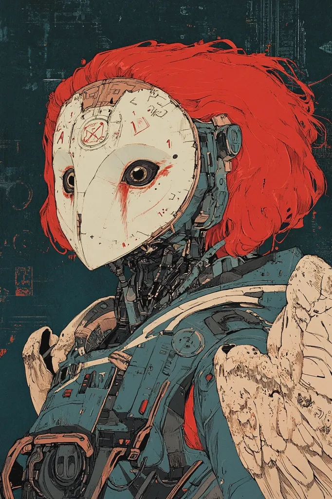 The artwork depicts a stylized cyborg with vibrant red hair, wearing a unique, owl-like mask.  The mask is off-white with dark markings and circular eyes, giving it a weathered or aged look. The cyborg's body is a blend of teal metallic components and more organic, almost skeletal, wing-like appendages. The detailed mechanical elements contrast with the softer, flowing hair. The background is a dark teal, creating a moody atmosphere. The overall style is reminiscent of cyberpunk or biomechanical art.