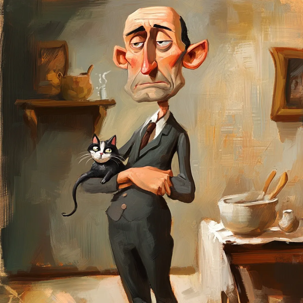 The painting depicts a stylized, melancholic man with exaggerated features, holding a black and white cat. He’s dressed in a dark suit and tie, his arms crossed.  The background suggests a dimly lit room, with hints of furniture and artwork.  The overall style is painterly and slightly cartoonish, with visible brushstrokes and a muted color palette emphasizing the somber mood. The scene evokes a feeling of quiet loneliness or contemplation.