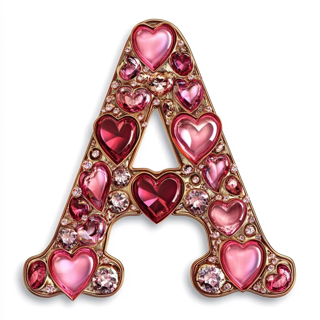 Here's a description of the image:

The image shows a capital letter "A" intricately designed and adorned with numerous pink and red heart-shaped gems.  These gems vary in size and shade, creating a visually rich texture. The hearts are set within a gold-colored frame, which outlines the letter's form. Smaller, sparkling diamonds are interspersed amongst the larger heart gems, adding further brilliance.  The overall effect is one of luxury and romantic sentiment. The "A" casts a slight shadow, suggesting a three-dimensional quality.