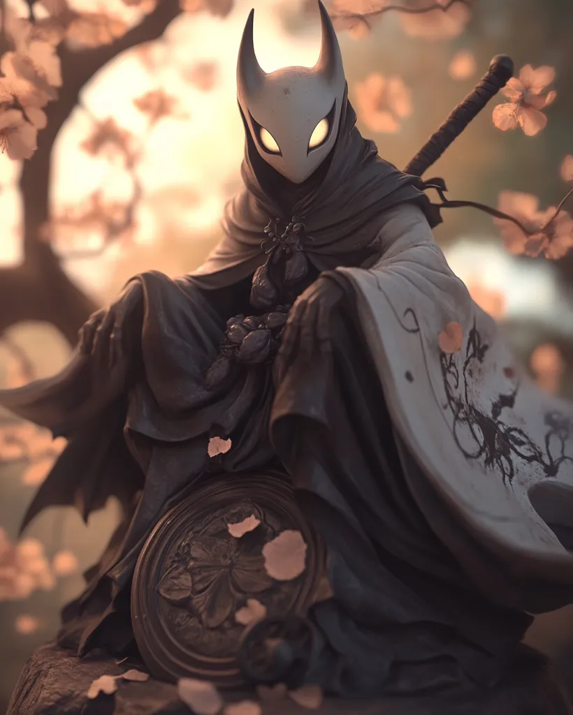 A meticulously crafted statue depicts a serene figure, cloaked in dark robes and a striking, luminous mask resembling a stylized bat or owl.  The figure is seated, a sword rests casually nearby, and delicate, fallen blossoms scatter around the base.  The statue exudes a mystical, almost ethereal quality, enhanced by the soft, warm light and the blurred background of a blossoming tree. The overall aesthetic blends Japanese influences with fantasy elements.