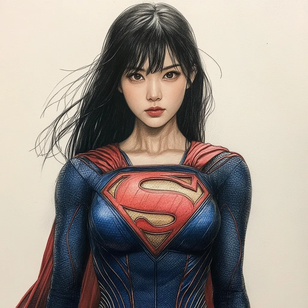 Here's a description of the image:

The illustration depicts a young woman, styled as Supergirl.  She has long, dark hair with blunt bangs, framing a delicate, serious face. Her costume is meticulously detailed, showcasing a dark blue bodysuit with the iconic Supergirl "S" emblem in red and gold, and a crimson cape draped over her shoulders.  The artist's style is realistic, emphasizing fine details in the hair, skin texture, and the fabric of the costume. The overall effect is a striking and beautiful portrayal of the superheroine.