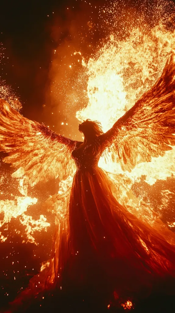 A woman in a flowing gown is depicted with enormous, fiery wings.  The image is dramatic and surreal, with intense orange and yellow flames engulfing her form. Sparks and embers fly around her, creating a powerful visual of a mythical phoenix or similar creature rising from or enveloped in fire. The background is dark, emphasizing the radiant glow of the flames and the woman's silhouette.  The overall effect is one of intense energy and otherworldly beauty.