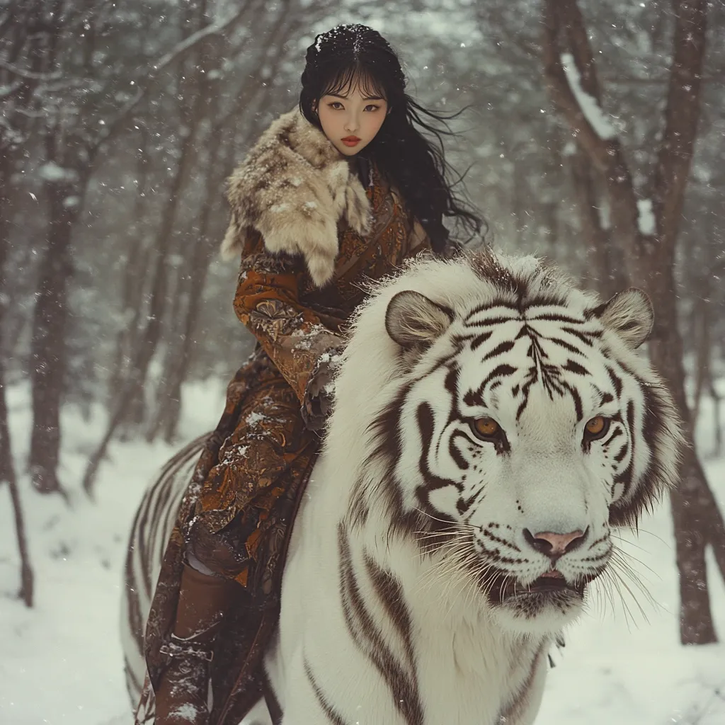 A young woman with dark hair, wearing a fur-trimmed, ornate brown coat, sits astride a majestic white tiger.  Snow falls gently around them in a wintery forest. The tiger's dark stripes contrast sharply with its white fur.  The scene is evocative of fantasy or fairytale, with a mystical and powerful atmosphere. The woman's serene expression adds to the image's captivating quality.