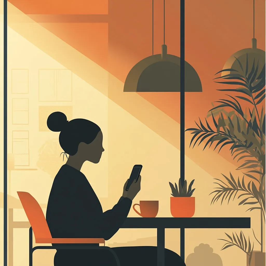 The illustration shows a woman sitting at a small table in a cafe, bathed in warm sunlight streaming through a window.  She's engrossed in her smartphone, a cup sits beside her.  The setting is minimalist, featuring muted orange tones, hanging pendant lights, and a potted plant. The woman's silhouette is prominent against the lighter background, emphasizing her focus on her device. The overall mood is serene and contemplative.