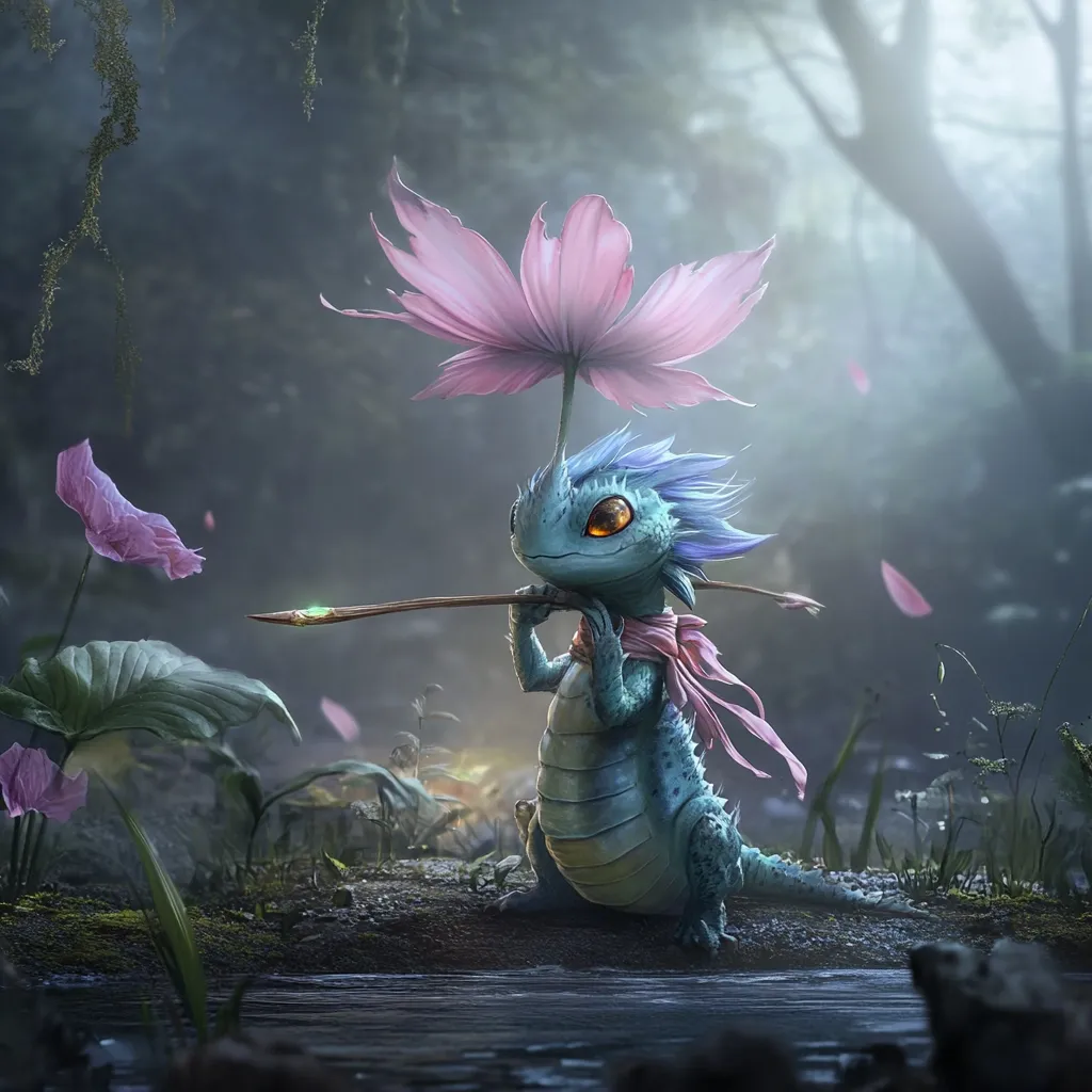 A whimsical illustration depicts a small, teal dragon-like creature.  It possesses spiky blue hair and large, expressive golden eyes. A pink flower blossoms atop its head, acting as a parasol.  The creature sits by a tranquil stream in a misty forest, holding a slender, glowing staff.  Surrounding it are lush, vibrant plants and delicate pink petals.  The overall atmosphere is serene and magical.