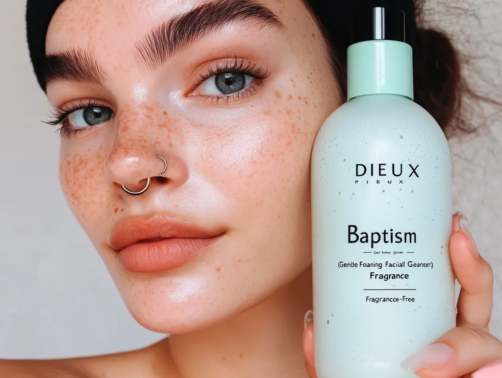 Close-up of a young woman with freckles and a septum piercing holding a bottle of Dieux Pieux Baptism fragrance-free gentle foaming facial cleanser.  The woman's face is clean and makeup-free, highlighting the product's focus on skincare.  The bottle is light teal, showcasing the product name and description. The overall image is bright, clean, and aesthetically pleasing.
