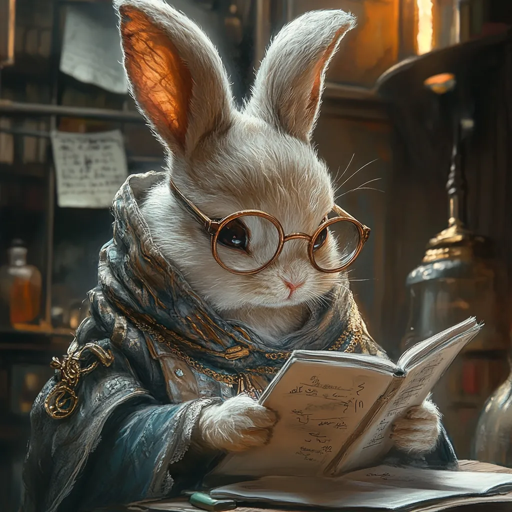 A whimsical illustration depicts a fluffy white rabbit, wearing round spectacles and an ornate, dark robe.  The rabbit is engrossed in reading a small, open book filled with elegant script. The setting appears to be an alchemist's workshop, with various bottles and shelves visible in a dimly lit background, lending a magical and studious atmosphere to the scene.  The rabbit's intense focus and detailed attire create a captivating image.