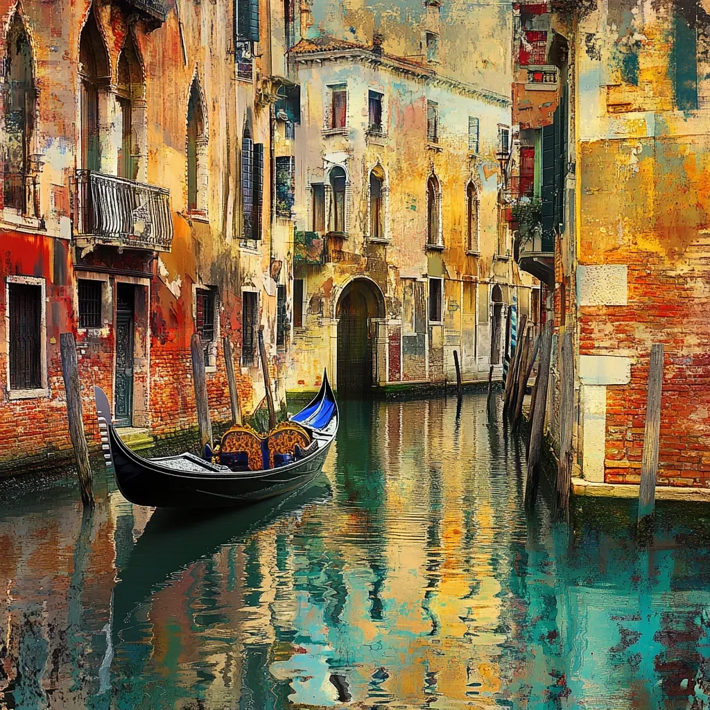 Here's a description of the image:

The image is a stylized painting or digital artwork depicting a tranquil Venetian canal scene. A lone gondola, adorned with plush, golden seating, rests serenely in the still water, its reflection mirrored perfectly on the surface.  The canal is flanked by aged, colorful buildings, their weathered brick and stone facades reflecting in the water, creating a vibrant, almost painterly effect.  The architectural details of the buildings hint at centuries of history, their windows and arches contributing to the overall sense of timeless beauty. The overall style is reminiscent of impressionism, with visible brushstrokes or digital texturing enhancing the depth and texture of the scene.