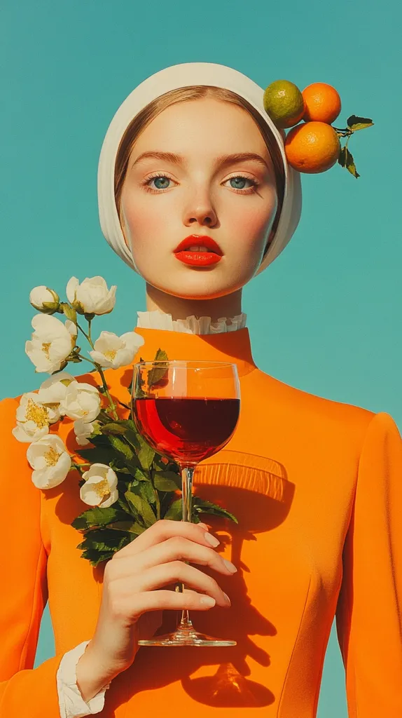 A young woman with fair skin and red lips is the focal point of a vibrant, stylized portrait.  She wears a white pillbox hat adorned with oranges and lime, and a bright orange dress.  She holds a glass of red wine and a bouquet of white flowers. The background is a solid teal, creating a strong contrast with the warm tones of her attire and accessories. The image evokes a retro, almost surreal aesthetic.