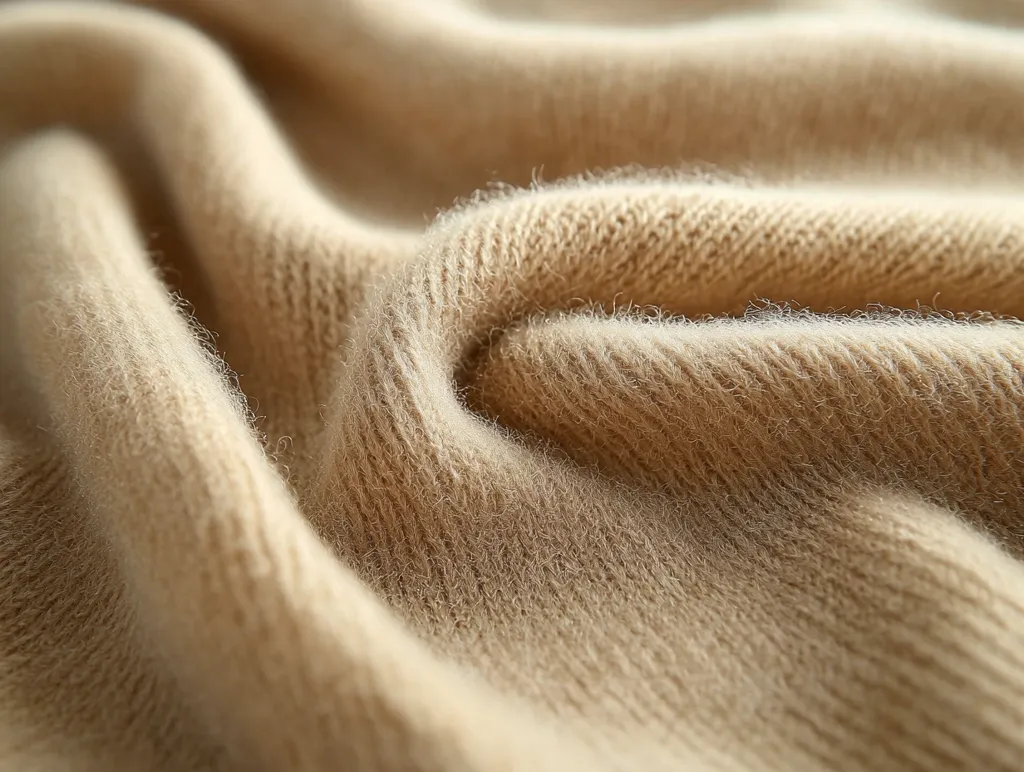 Here's a description of the image:

The close-up image shows a pale beige, knitted fabric with a soft, fluffy texture. The material is draped in gentle folds and ripples, highlighting its plushness. The knit pattern is subtly visible, adding depth to the soft, light color. The overall impression is one of warmth, softness, and luxurious comfort, suggestive of a high-quality cashmere or angora blend. The lighting is soft and diffused, enhancing the fabric's delicate texture.