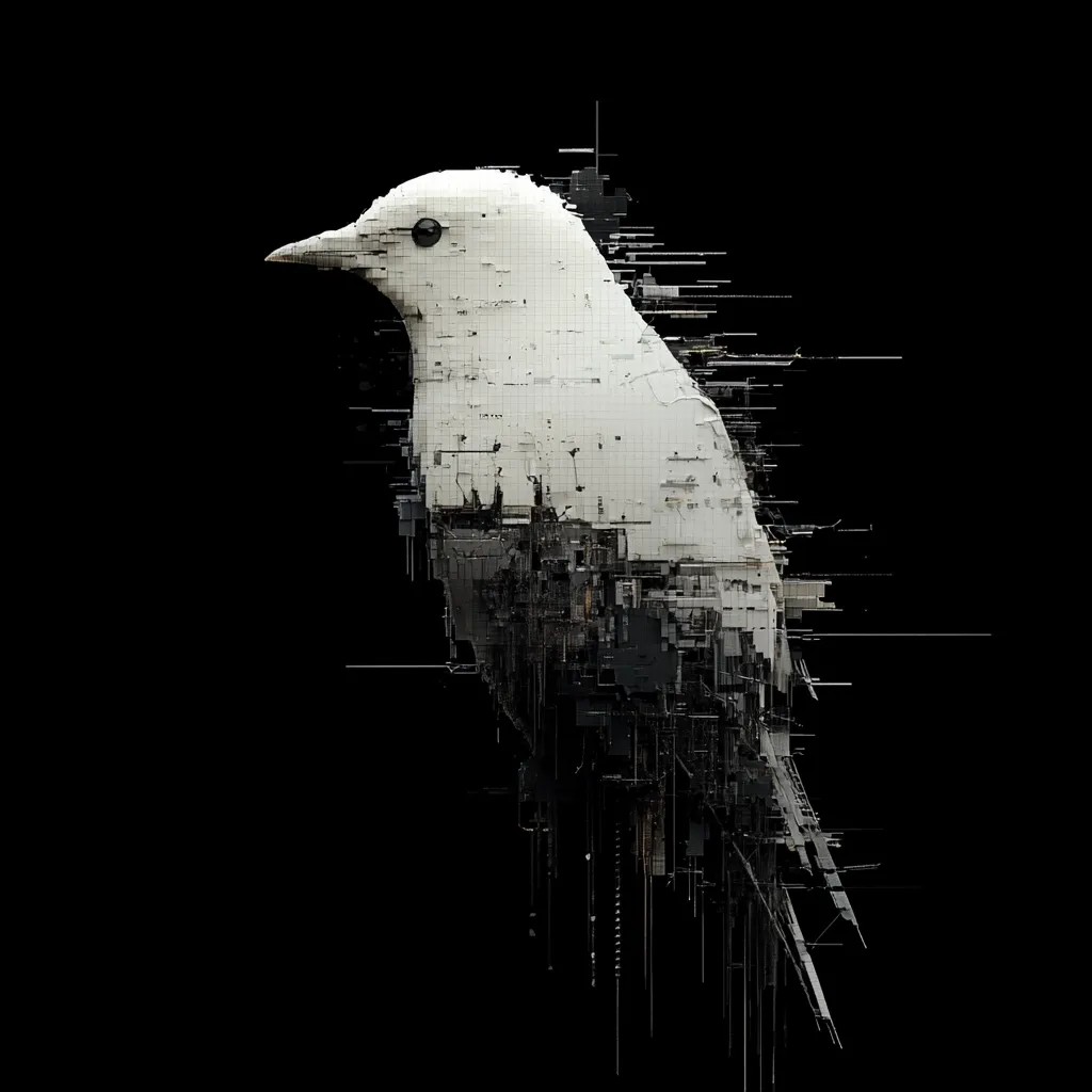 The image presents a stylized bird, seemingly constructed from fragmented digital blocks.  Its body is predominantly white, while its tail and lower body deconstruct into a chaotic array of dark grey and black lines and shapes, suggesting a digital disintegration or glitch effect.  The bird is set against a stark black background, enhancing the contrast and emphasizing the abstract, almost mechanical, nature of its form. The overall impression is one of technological artistry, blending natural imagery with digital disruption.