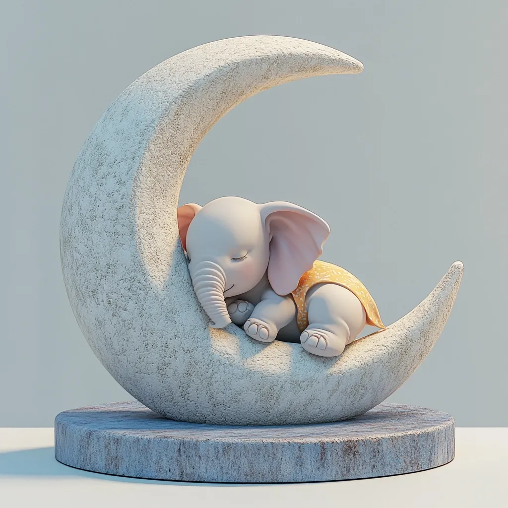 Here's a description of the image:

The image shows a charming 3D rendering of a baby elephant peacefully asleep on a crescent moon.  The elephant is light grey, with rosy ears and a small, yellow garment. The moon is a textured off-white, resting on a pale blue circular base. The scene is softly lit, creating a gentle and serene atmosphere, ideal for a nursery or child's room décor. The overall style is cute and whimsical.