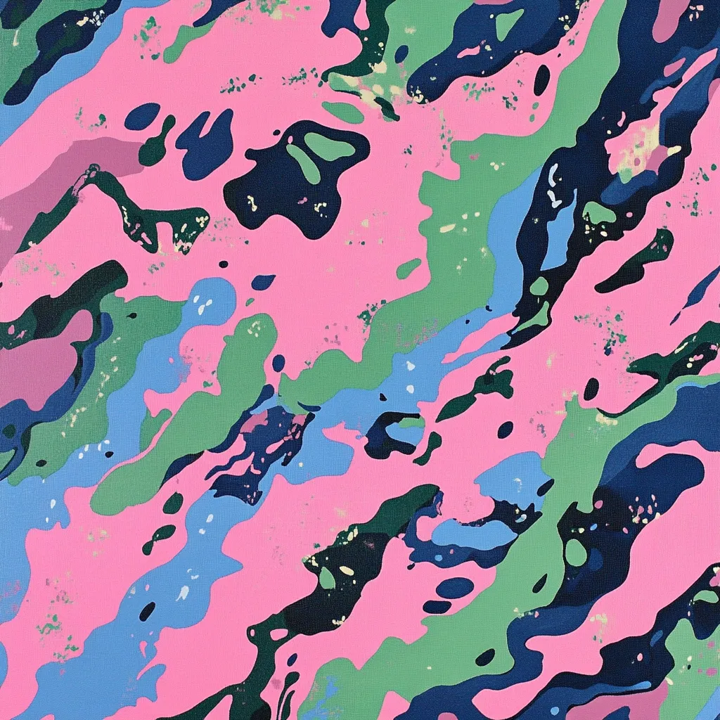 The image is an abstract painting dominated by a vibrant pink background.  Swirls and blobs of light blue, sage green, and dark teal are scattered across the pink, creating a dynamic, almost camouflage-like effect.  Small flecks of gold and white add texture. The shapes are organic and fluid, suggesting movement and flow. The overall style is bold and playful, with a strong contrast between the colors.
