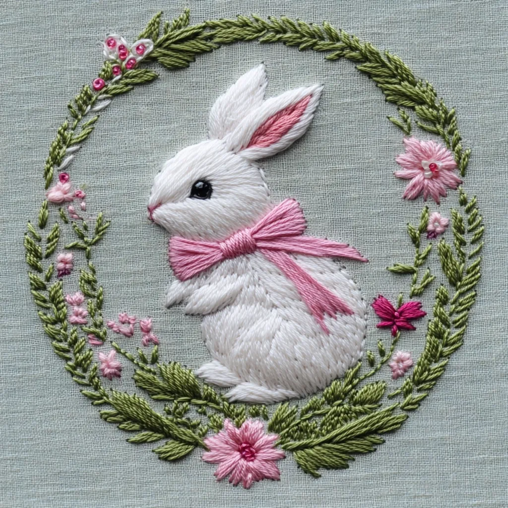 A charming embroidered artwork depicts a white bunny, adorned with a pink bow, nestled within a circular wreath.  The wreath is composed of meticulously stitched green leaves and delicate pink flowers, creating a soft, pastel color scheme. The bunny's features are finely detailed, with a focus on texture and shading achieved through embroidery. The overall effect is one of delicate beauty and springtime charm.
