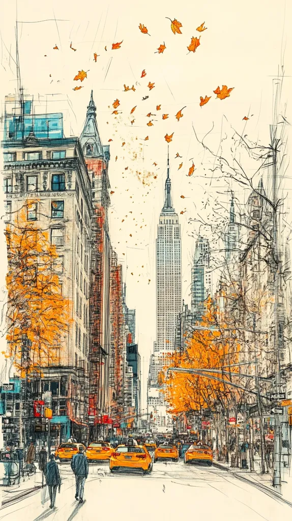 Here is a description of the image:

The illustration depicts a city street scene, possibly New York City, in autumn.  The Empire State Building is prominently featured in the distance, while the foreground shows a street lined with buildings in various architectural styles.  Yellow cabs are parked along the street.  The trees lining the street display vibrant autumn foliage, and falling leaves float through the air, adding to the seasonal ambiance. The artistic style is a blend of sketch and watercolor, creating a textured, slightly impressionistic effect.  The overall tone is warm and inviting, evoking a sense of urban beauty during the fall season.