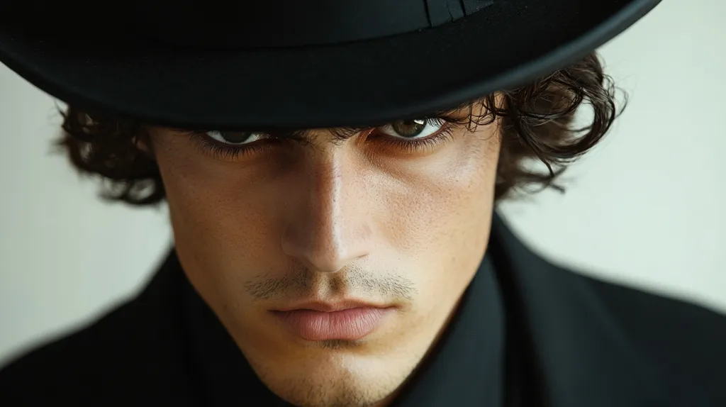 Close-up portrait of a young man with dark, curly hair wearing a black fedora.  His gaze is intense, directed straight at the viewer.  The low light accentuates his strong features: dark eyes, a defined jawline, and a hint of stubble.  He's dressed in a dark collared shirt or jacket, maintaining a serious and brooding demeanor. The overall mood is mysterious and stylish.