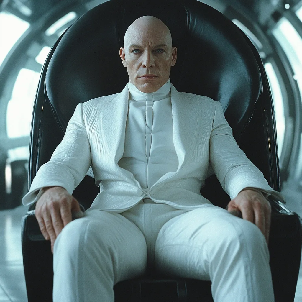 A bald, pale man in a pristine white suit sits regally in a black, high-backed chair. His expression is serious and almost emotionless. The setting appears futuristic and sterile, with a blurred background suggesting a spacious, technological environment.  The overall image conveys a sense of power, authority, and perhaps even coldness.