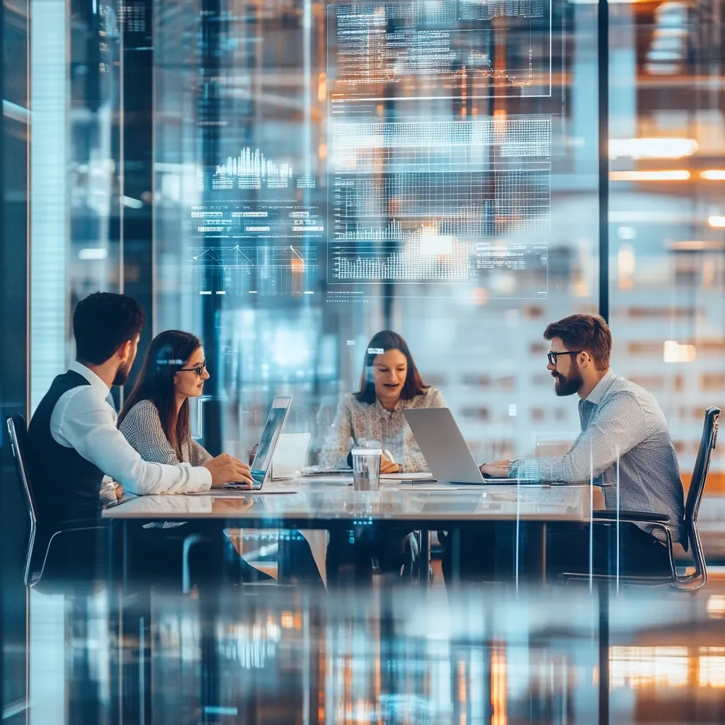 Four professionals are seated around a glass conference table, engaged in a collaborative work session.  They are using laptops, with a digital overlay of charts, graphs, and code projected onto the glass wall behind them. The scene suggests a modern, technologically advanced office environment, possibly in the fields of data analysis, software development, or finance.  The image evokes a sense of teamwork and innovation.