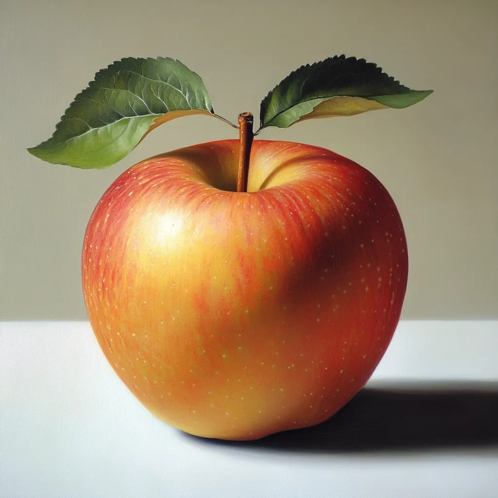 Here is a description of the image:

The image is a close-up, hyperrealistic painting of a single apple. The apple is predominantly yellow-orange, with subtle red blush streaks, and tiny, speckled dots across its surface. Two vibrant green leaves, detailed with fine veins, sprout from the top of the stem. The apple sits on a plain, light-grey surface, with a soft shadow cast to its right. The background is a muted, light beige, providing a neutral backdrop that focuses attention on the apple's rich texture and color. The overall style is reminiscent of classical still-life painting.