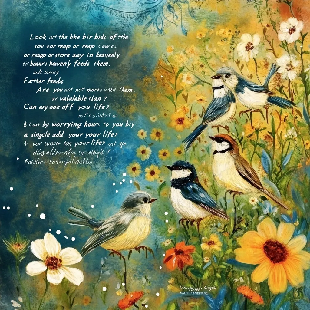 Here's a description of the image:

A vibrant painting depicts four small birds perched amidst a profusion of wildflowers. The birds are predominantly blue and yellow, rendered with a painterly style that emphasizes texture and color.  Surrounding them is a dense array of blossoms in sunny yellows, oranges, and whites.  A poem, printed over the art, reflects on the birds' effortless lives and poses questions about worry and the value of life. The overall mood is serene and contemplative. The artist's signature is visible in the bottom right corner.