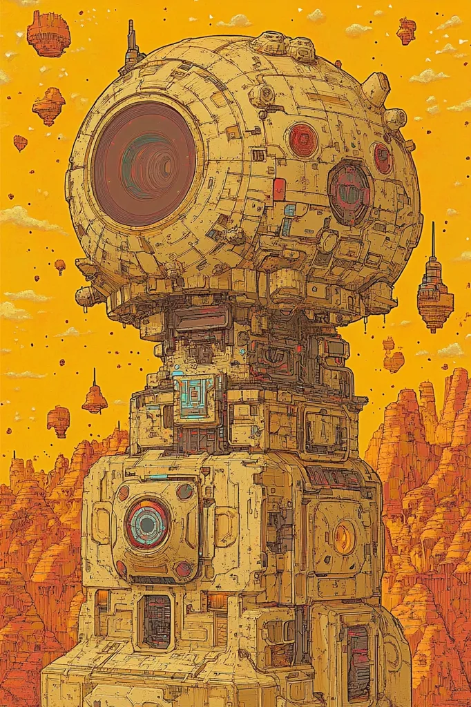 The image is a digital illustration of a complex, towering structure resembling an alien observatory or technological marvel. It features a large, spherical top with a prominent central lens, suggestive of a powerful viewing or sensory device.  The structure is layered with numerous smaller compartments and intricate details, giving it a sense of immense complexity and age. The background is a vibrant, ochre-toned desert landscape, punctuated by smaller, similar structures floating in the sky, creating a surreal, futuristic, and somewhat desolate scene. The style is detailed and reminiscent of architectural line drawings.