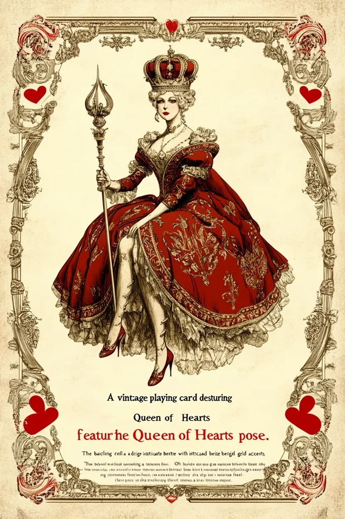 Here's a description of the image:

The image is a stylized vintage playing card featuring the Queen of Hearts.  She's depicted in an elaborate, crimson gown adorned with gold accents, seated regally and holding a scepter. Her crown is large and ornate, and her pose is elegant. The card's design includes ornate flourishes and hearts, giving it an antique feel. Text at the bottom describes it as a vintage playing card featuring the Queen of Hearts' pose.  The overall aesthetic is reminiscent of antique playing cards or illustrations from classic fairy tales.