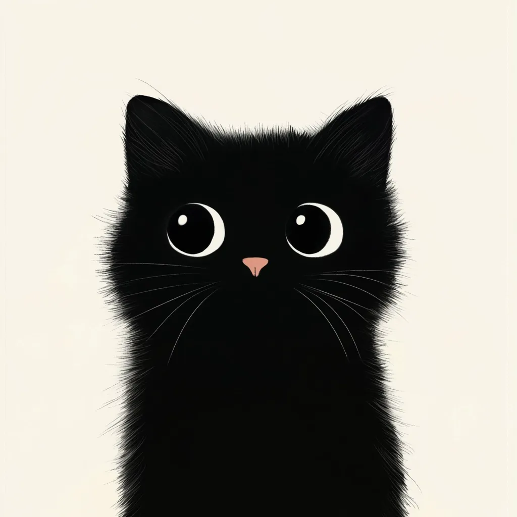 Here's a description of the image:

The image showcases a stylized illustration of a black kitten.  Its large, expressive eyes are the focal point, conveying a sense of innocence and curiosity. The kitten's fur is depicted with a soft, slightly fluffy texture, contrasting with the sharp definition of its features.  The overall aesthetic is minimalist, with the black kitten standing out against a plain off-white background. The image is cute and charming, evoking feelings of warmth and affection.
