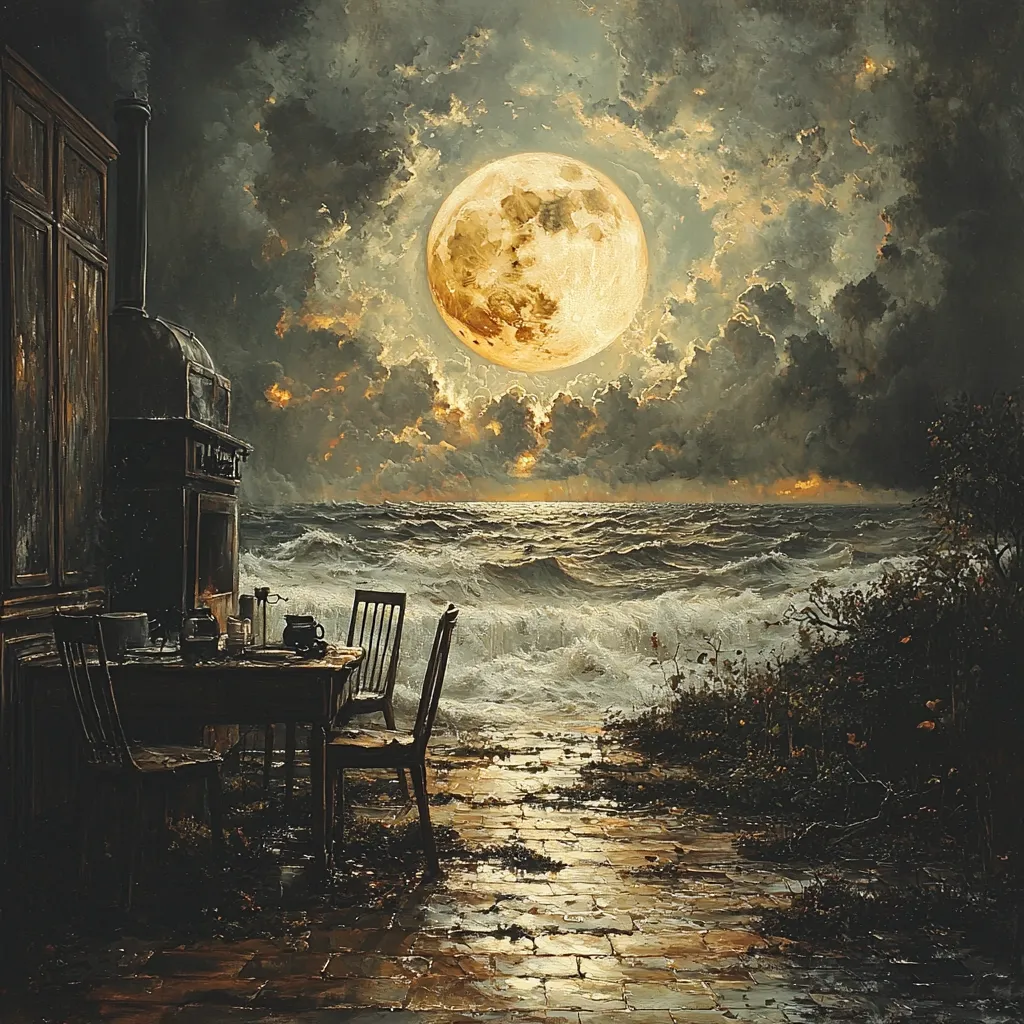 A dark, moody painting depicts a rustic kitchen scene set against a dramatic seascape.  A large, luminous moon dominates the stormy sky, its golden light reflecting on the turbulent ocean waves crashing onto a stone patio.  A simple wooden table and chairs sit near a dark wooden cabinet and oven, seemingly abandoned yet still holding the remnants of a meal.  The overall atmosphere is one of quiet solitude and impending weather. The contrast between the cozy interior and the wild ocean creates a powerful sense of isolation.
