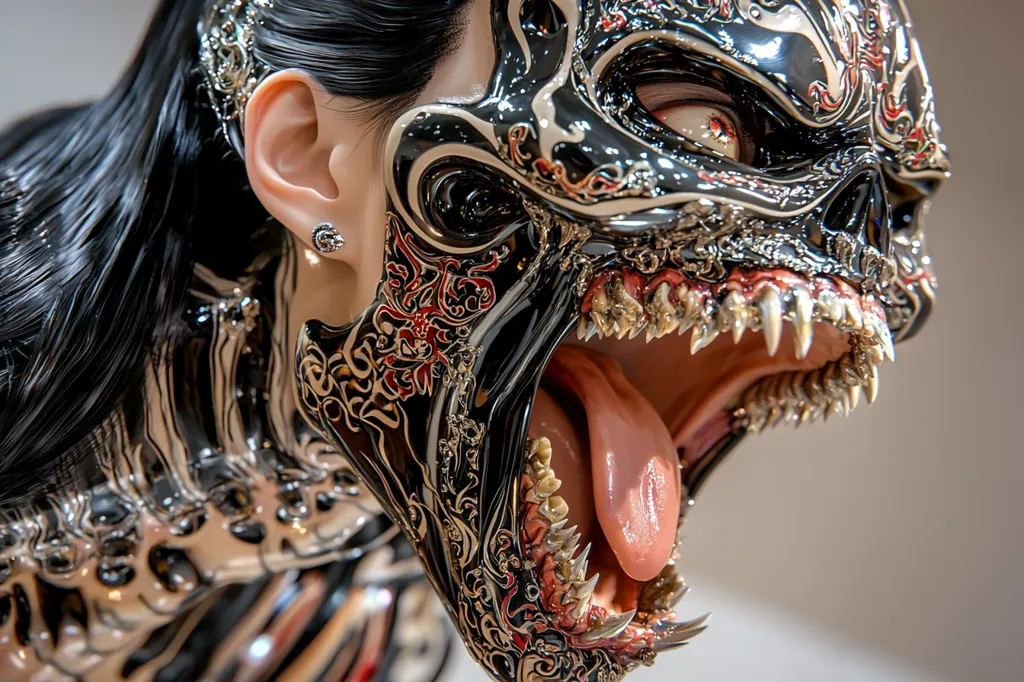 Close-up of a meticulously crafted sculpture depicting a woman's face partially obscured by an ornate, monstrous mask. The mask is predominantly black and gold, with intricate detailing resembling both floral patterns and skeletal features.  Sharp teeth and an extended tongue are prominent.  The woman's visible skin is smooth, contrasting with the mask's texture.  She wears small earrings. The overall style suggests a blend of cyberpunk and traditional Asian artistry.