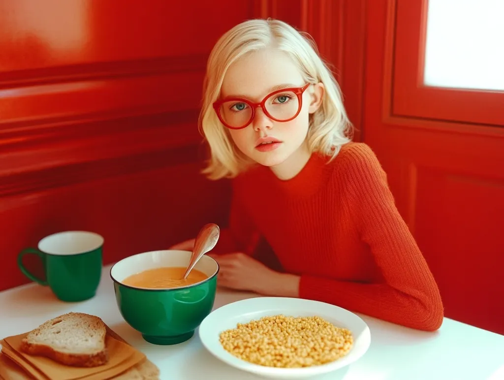 A young blonde girl with red glasses sits at a white table in a red room.  She wears a bright orange sweater.  Before her are a green bowl of orange soup, a spoon, a plate of yellow grains, and a slice of bread. A green mug sits to the side. The overall image is vibrant and saturated, with a strong color contrast between the girl's clothing and the background. Her expression is serious and contemplative.